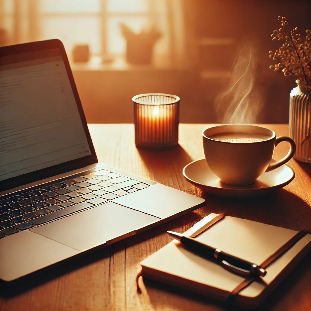 Bureau apaisant avec café chaud, ordinateur portable, bougie, et plante, illustrant un cadre calme et propice à l’apprentissage de l’anglais personnalisé.