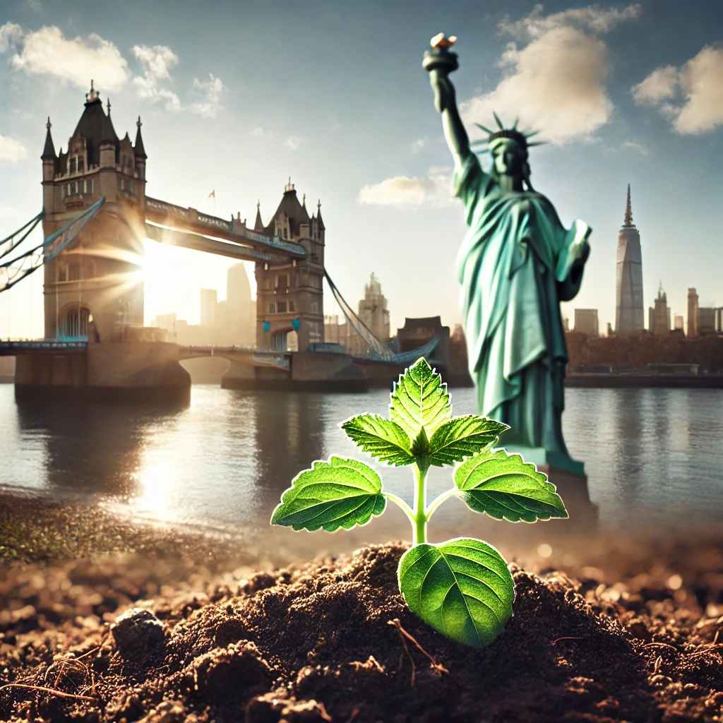 Collage créatif avec Tower Bridge, la Statue de la Liberté et une plante, symbolisant la croissance et la connexion bilingue culturelle.