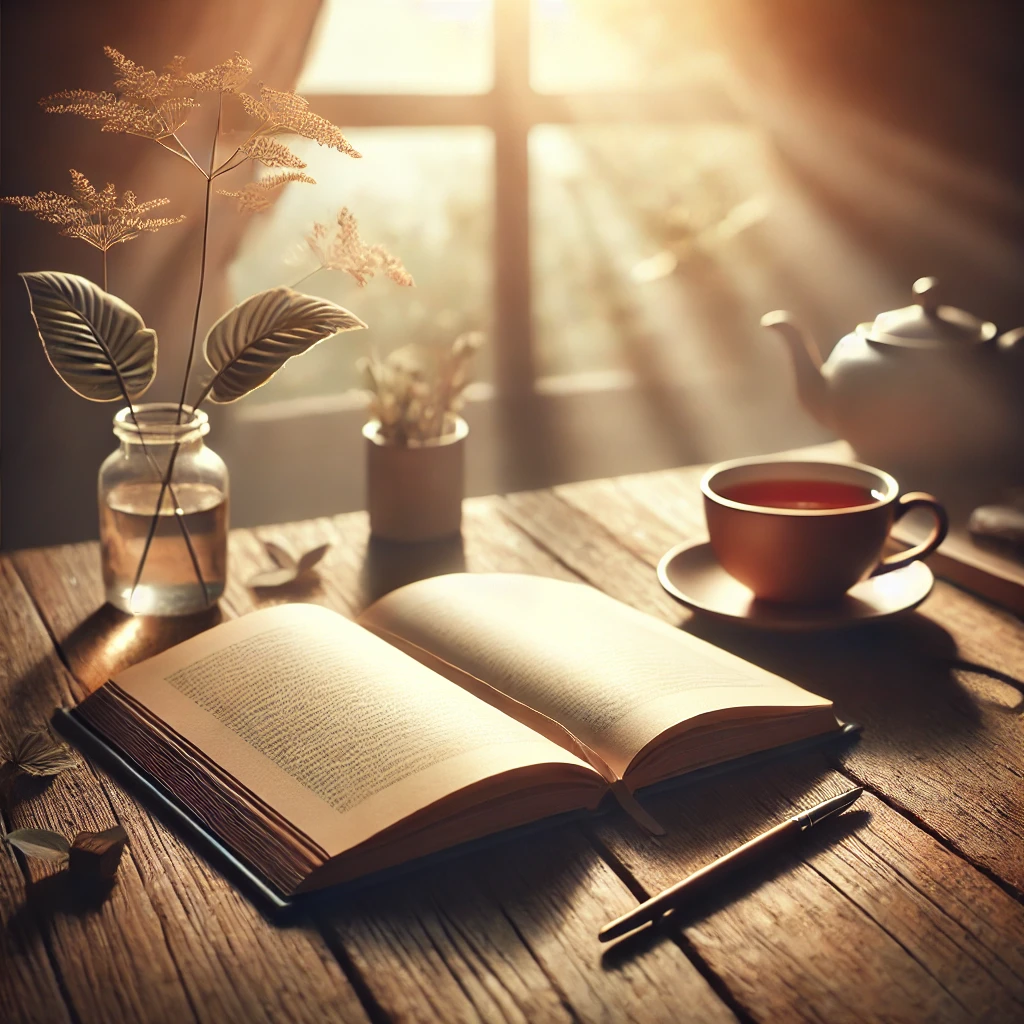 Scène apaisante avec thé, soleil, livre, stylo et plantes sur un bureau, symbolisant une approche calme de l’apprentissage de l’anglais adaptée à chaque rythme.