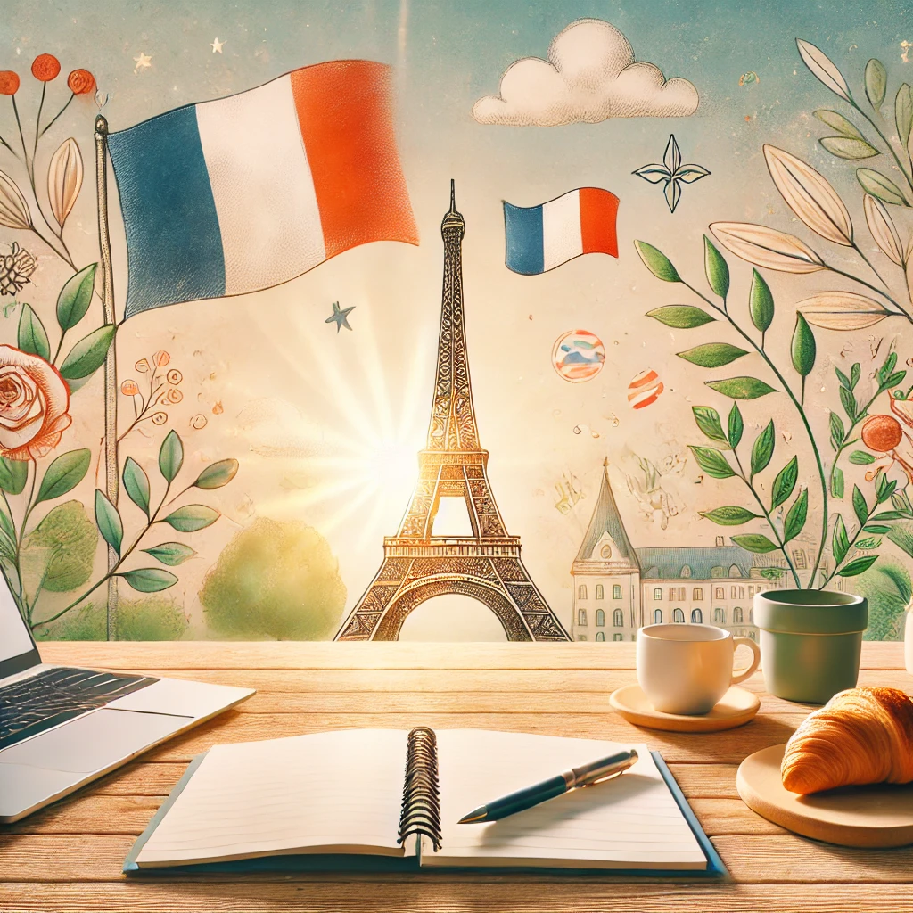 Image avec la Tour Eiffel, un ordinateur portable, bloc-notes, croissant et café, représentant un environnement d'apprentissage dynamique et personnalisé en français.